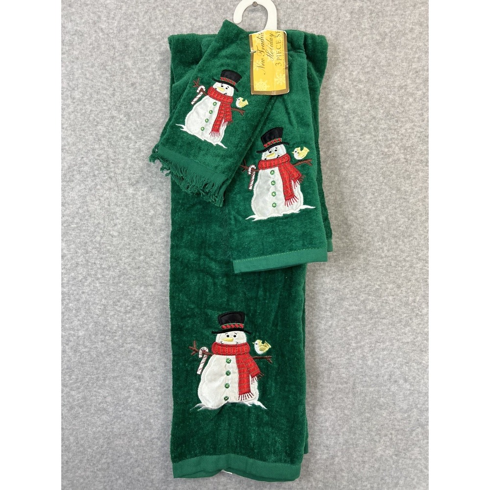 Vintage 3pc Christmas Snowman Bath Towel Set Green